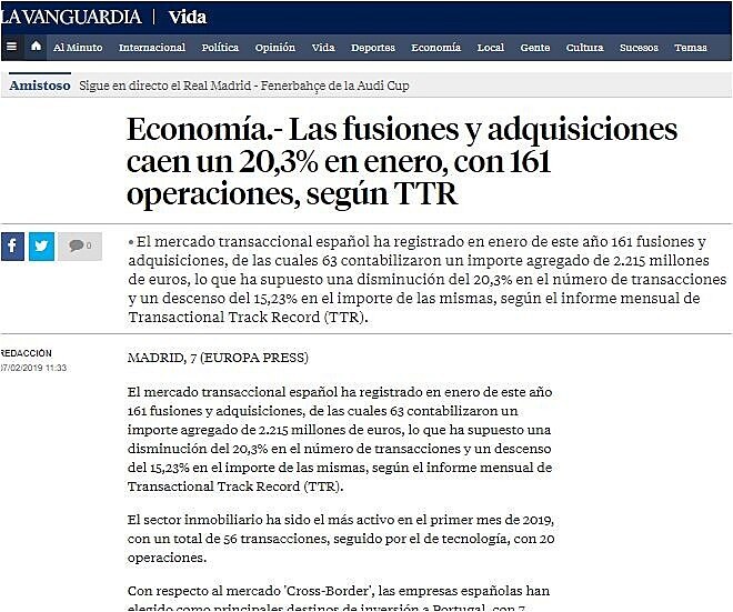 Las fusiones y adquisiciones caen un 20,3% en enero, con 161 operaciones, segn TTR